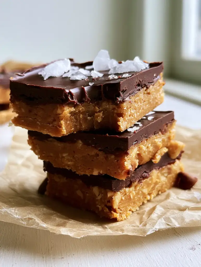 Peanut Butter Chocolate Chip Bars with Dark Chocolate Ganache 2 A stack of three thick-cut peanut butter chocolate chip bars showing a dense fudgy interior and glossy chocolate top.