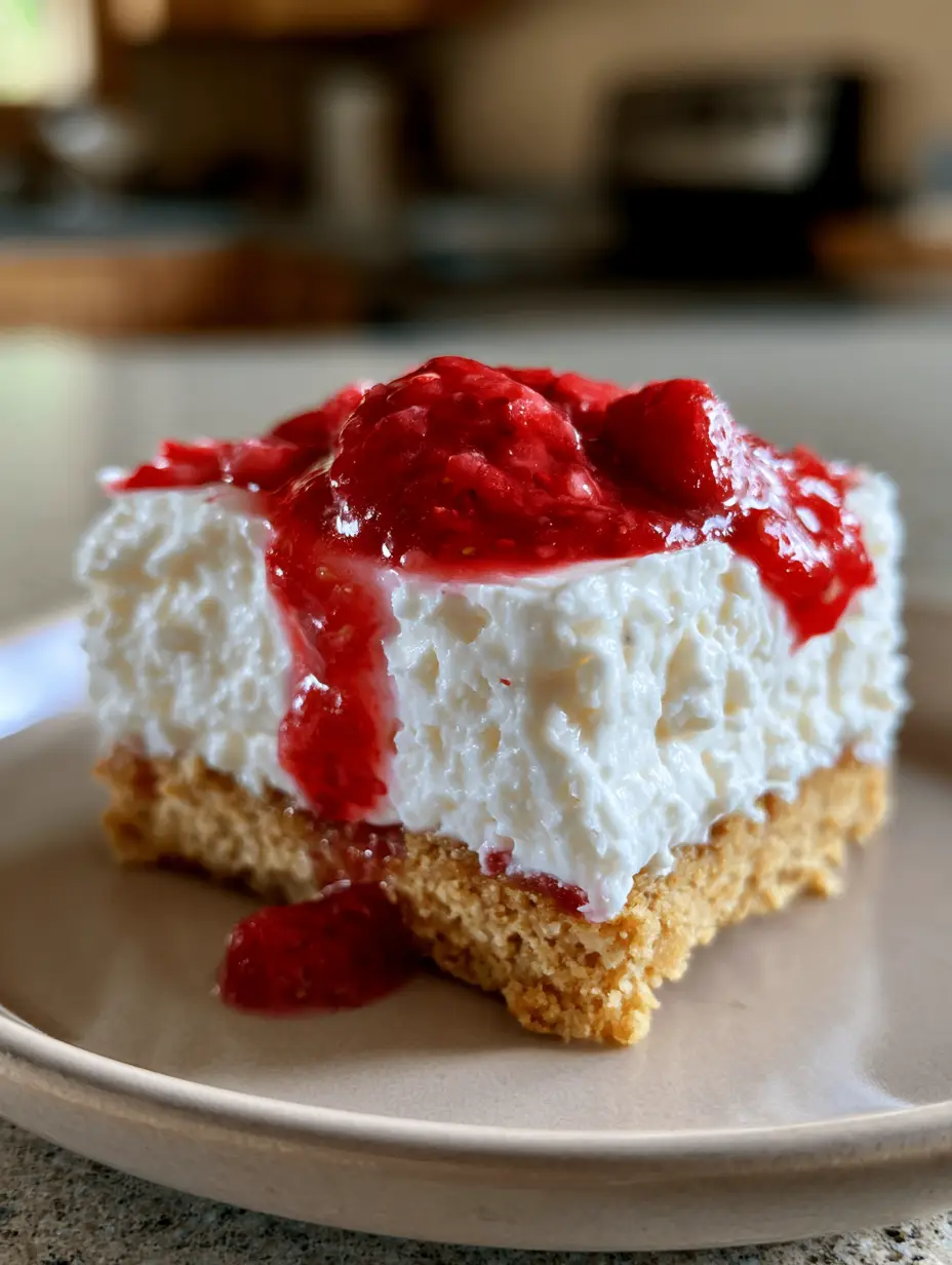 A thick square no bake cheesecake bar held on a ceramic plate, featuring a golden graham cracker crust and fluffy white filling.