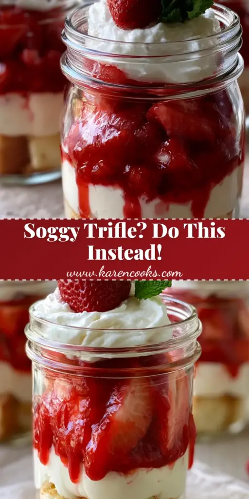 Three individual mason jars filled with Strawberry Shortcake Trifles, showing layers of golden cake, ivory cream, and glossy red strawberries with a mint garnish.