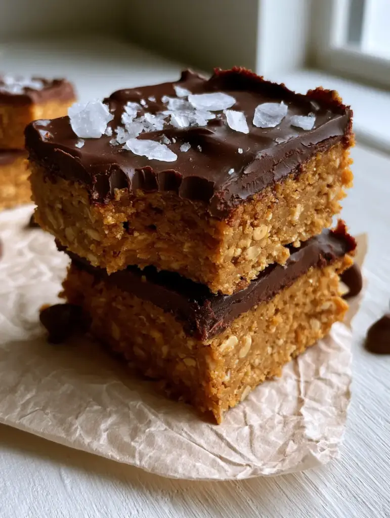 Peanut Butter Chocolate Chip Bars with Dark Chocolate Ganache 1 Close up of glossy dark chocolate ganache on peanut butter chocolate chip bars with flaked sea salt.
