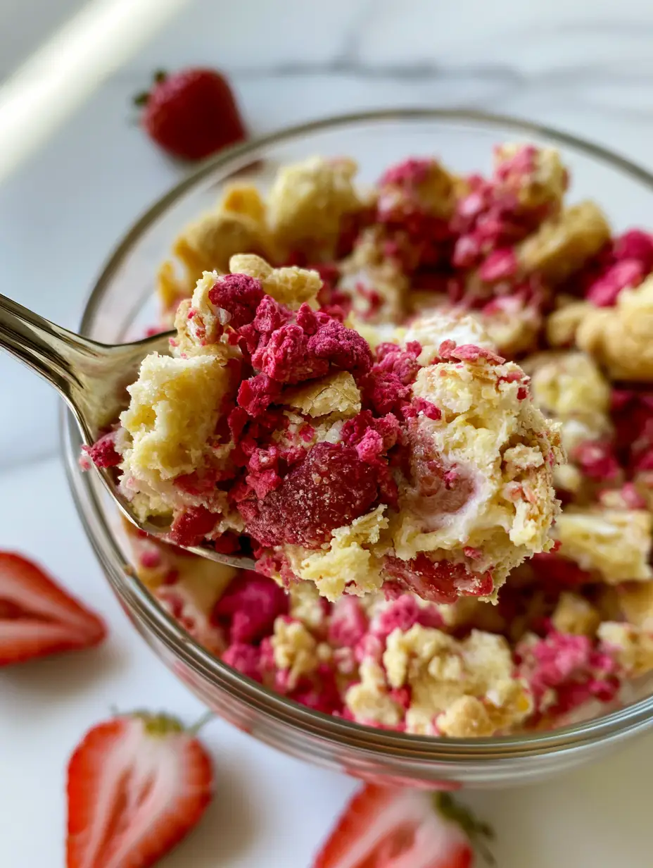 A glass bowl filled with Strawberry shortcake topping showing layers of crushed golden cookies and bright pink freeze-dried strawberries.