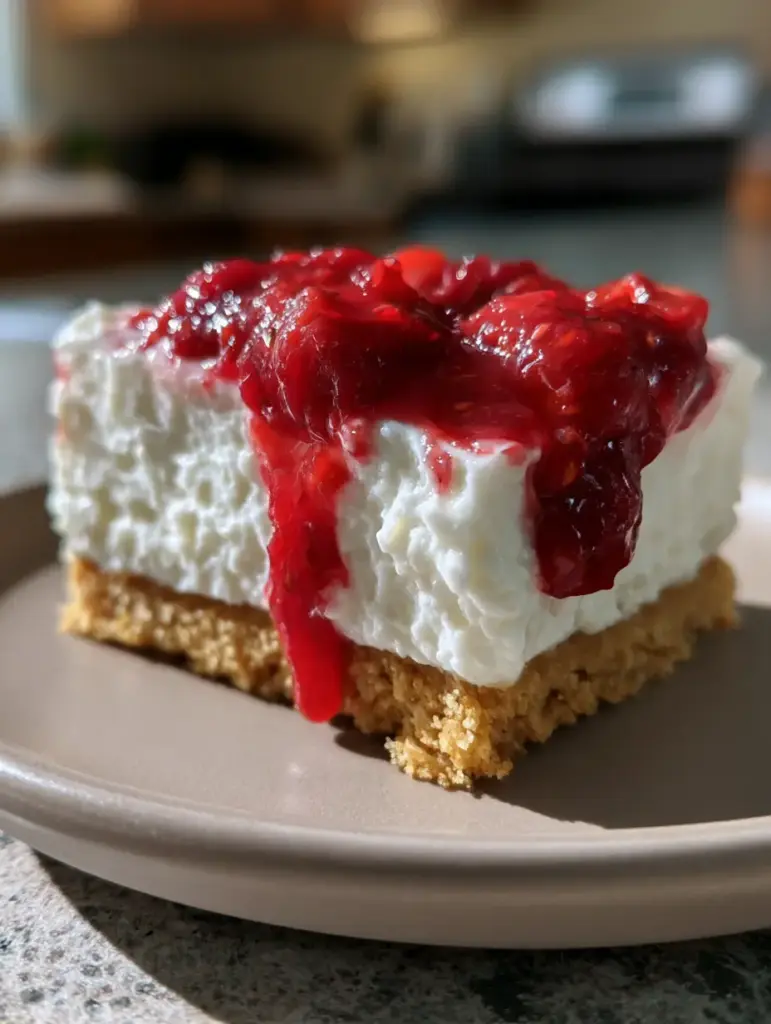 Close up of glossy red strawberry compote dripping down a white no bake cheesecake filling.
