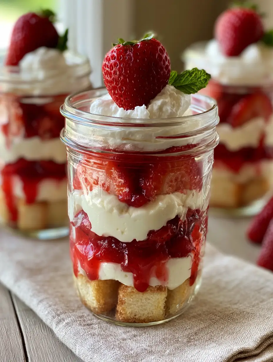 Close-up of Strawberry Shortcake Trifles layers featuring golden angel food cake and velvety cream cheese filling.