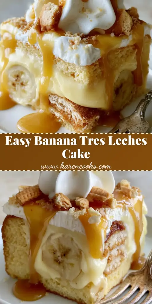A close-up vertical shot of a slice of Banana Pudding Tres Leches cake featuring layers of milk-soaked sponge, pale pudding, bananas, and a thick caramel drizzle.