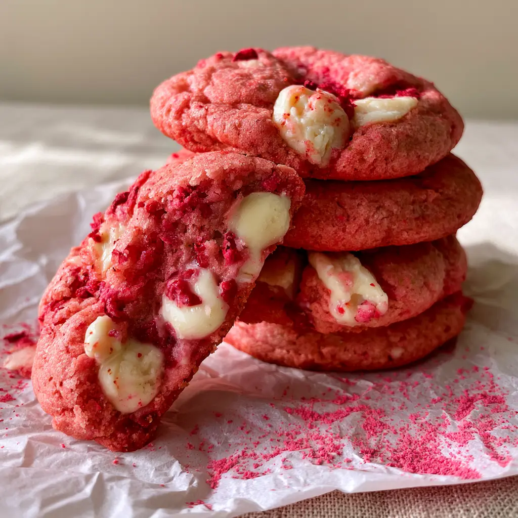 Strawberry White Chocolate Chip Cookies: Thick, Chewy, and Perfectly Pink 1 Close up of a broken strawberry white chocolate chip cookie revealing a soft gooey center and glossy white chocolate chunks.