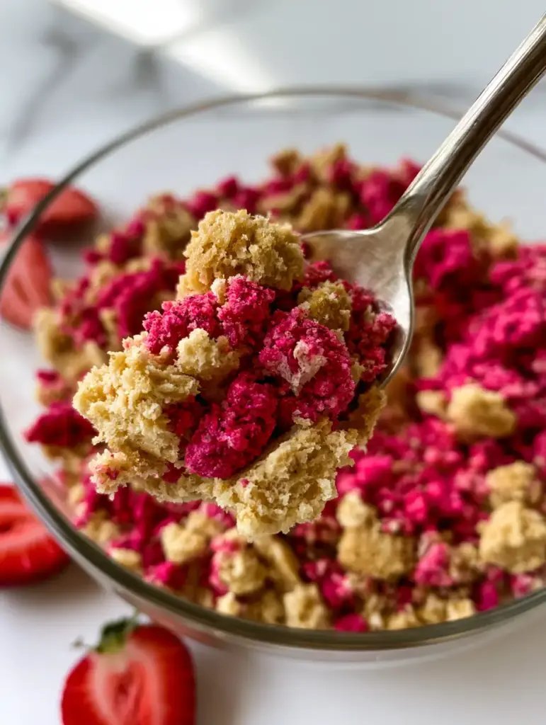Texture shot of Strawberry shortcake topping highlighting the jagged, buttery edges of crushed golden cookies.