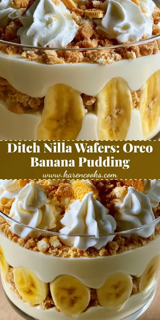A close-up shot of Golden Oreo Banana Pudding in a glass trifle bowl featuring layers of chunky cookies and fresh banana slices.