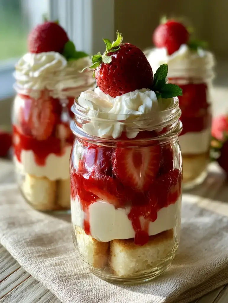 Individual Strawberry Shortcake Trifles garnished with a whole strawberry and mint on a rustic linen napkin.