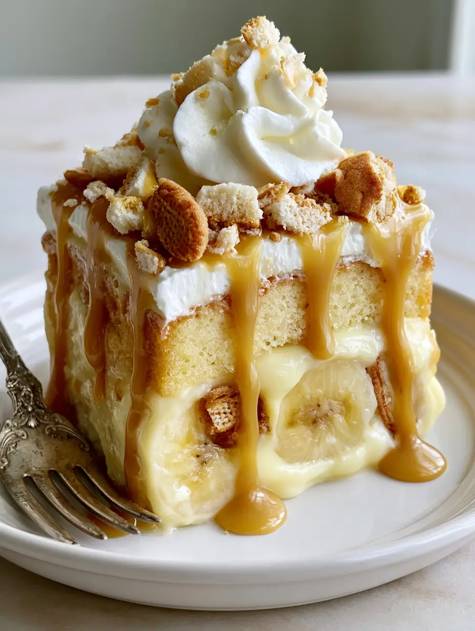 Handheld photo of a slice of Banana Pudding Tres Leches on a white plate with a vintage fork on a marble table.