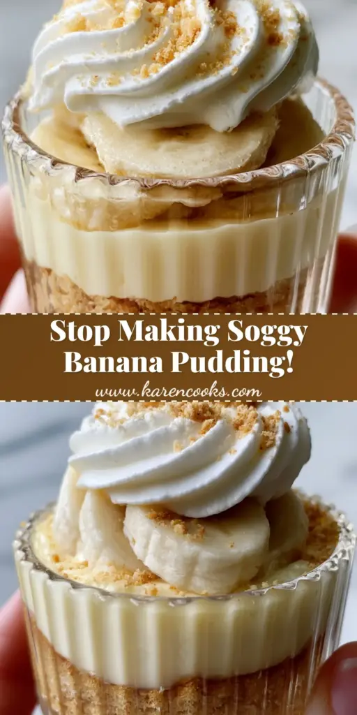 Mini Banana Pudding Cheesecakes: Easy Individual No-Bake Dessert Cups 3 A close up handheld smartphone photo of a hand holding an elegant mini ribbed glass dessert cup containing layered mini banana pudding cheesecakes with Nilla wafer crust, banana cream filling, whipped cream, and a mini wafer.