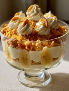 A handheld smartphone photo showing the creamy velvety texture of Golden Oreo Banana Pudding with fresh banana slices.