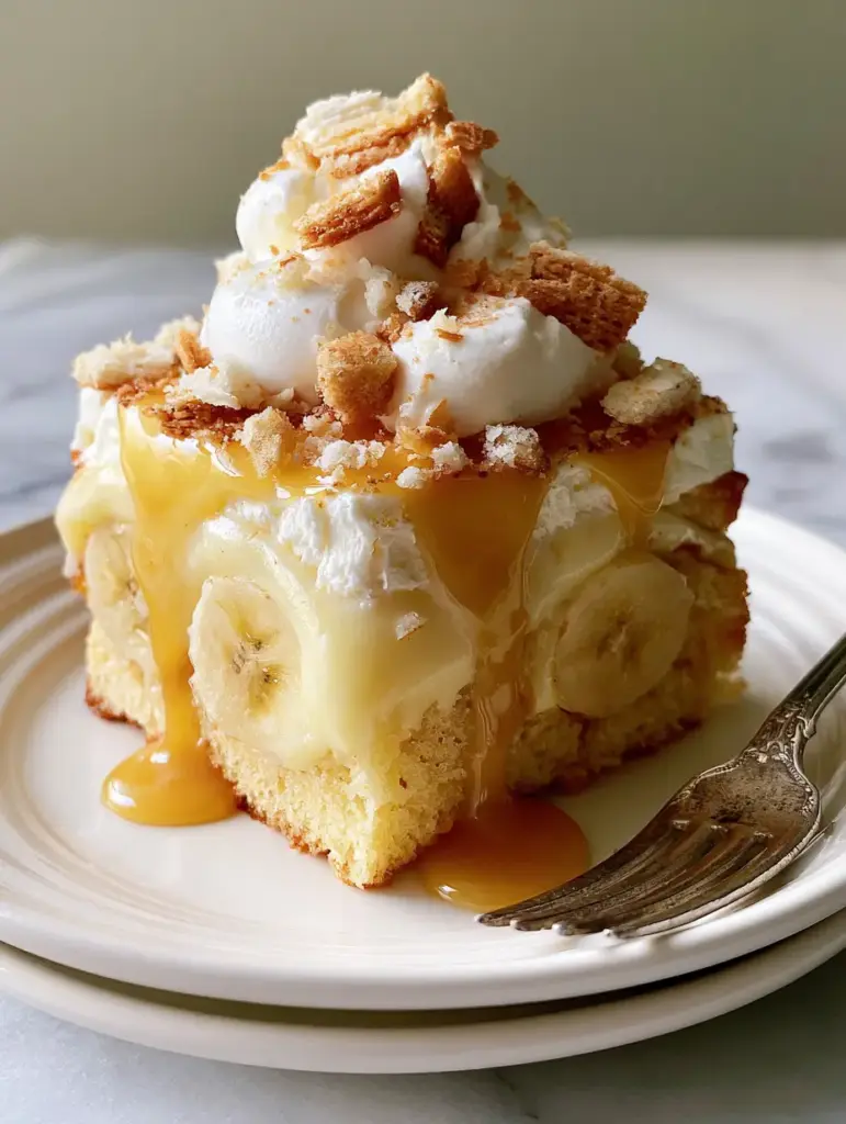 Top-down view of Banana Pudding Tres Leches showing the thick caramel drizzle and crushed wafer crumbs.