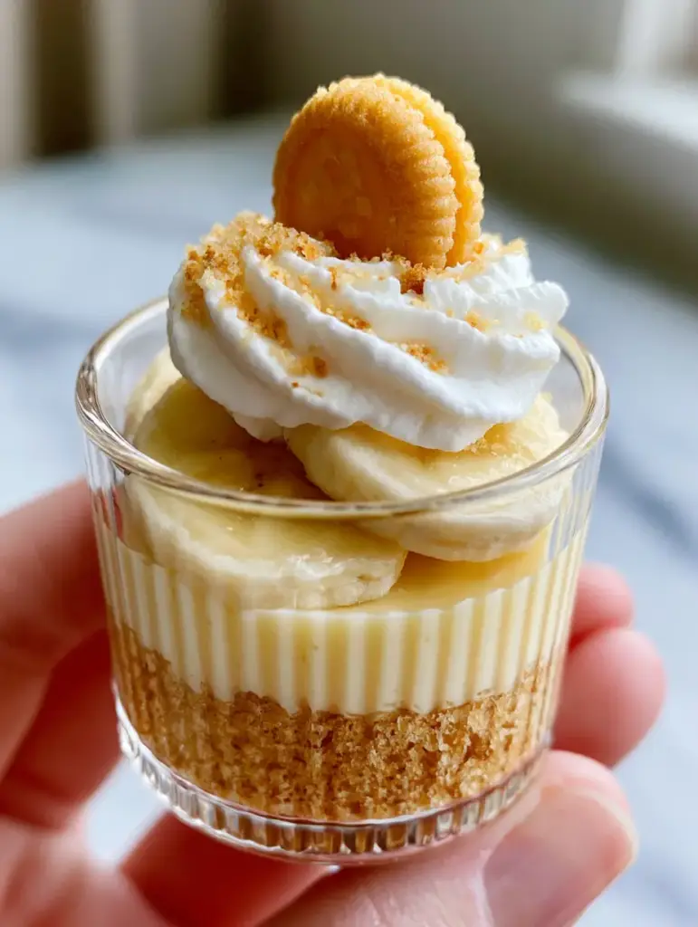 Mini Banana Pudding Cheesecakes: Easy Individual No-Bake Dessert Cups 2 Side view of layered mini banana pudding cheesecakes showing the buttery crust and velvety yellow filling in a ribbed cup.