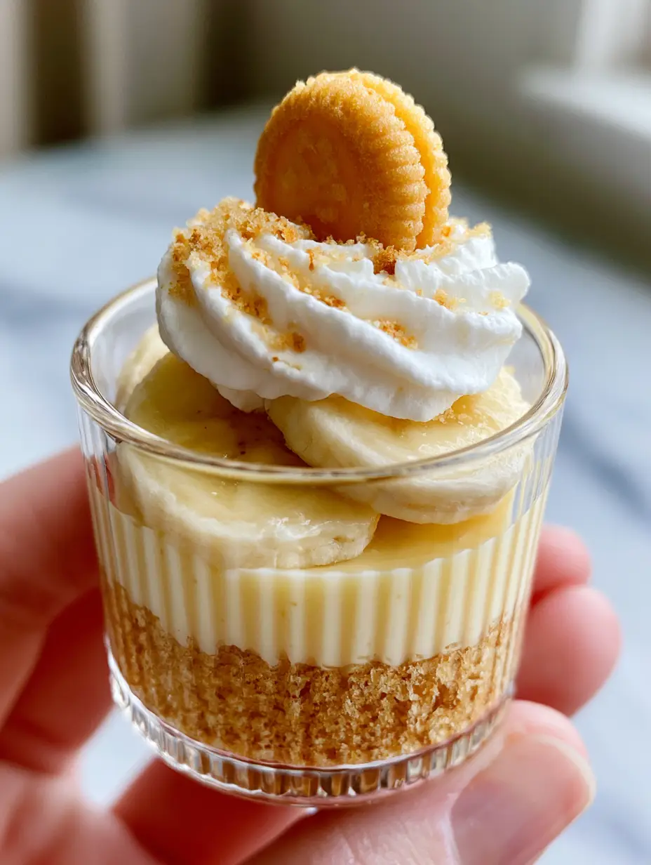 Mini Banana Pudding Cheesecakes: Easy Individual No-Bake Dessert Cups 4 Side view of layered mini banana pudding cheesecakes showing the buttery crust and velvety yellow filling in a ribbed cup.