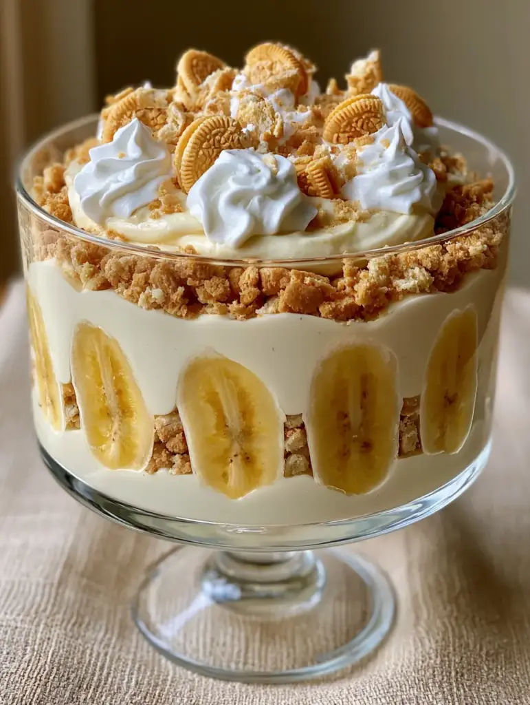 Overhead shot of Golden Oreo Banana Pudding topped with whipped cream dollops and crushed golden cookies.