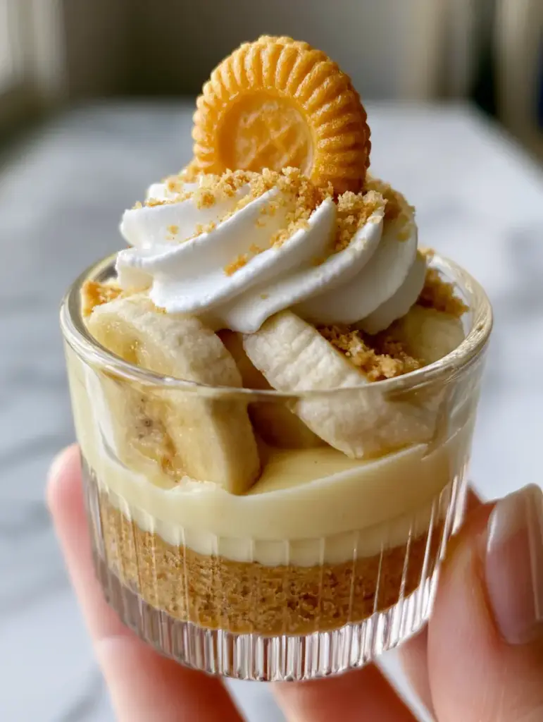 Mini Banana Pudding Cheesecakes: Easy Individual No-Bake Dessert Cups 1 Close up of the whipped cream swirl and mini Nilla wafer topping on the mini banana pudding cheesecakes.