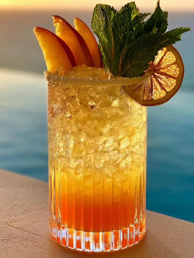 Beach Peach Lemonade Cocktail: The Ultimate Sunset-Inspired Summer Refresher 1 A sophisticated fan of peach slices and a large sprig of mint garnishing the Beach Peach Lemonade Cocktail.