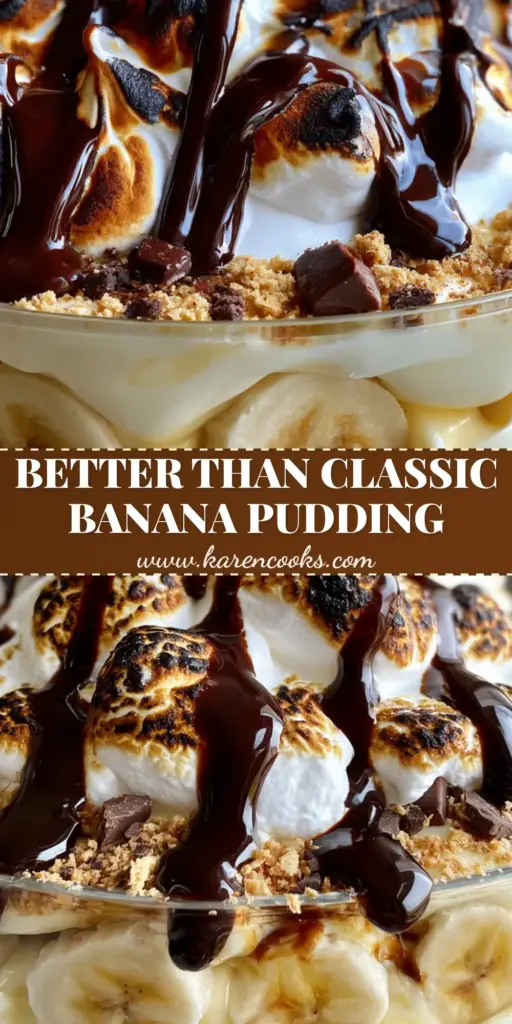 S’mores Banana Pudding with Toasted Marshmallows and Dark Chocolate 4 A towering S'mores Banana Pudding in a trifle bowl with charred marshmallows and chocolate drizzle.
