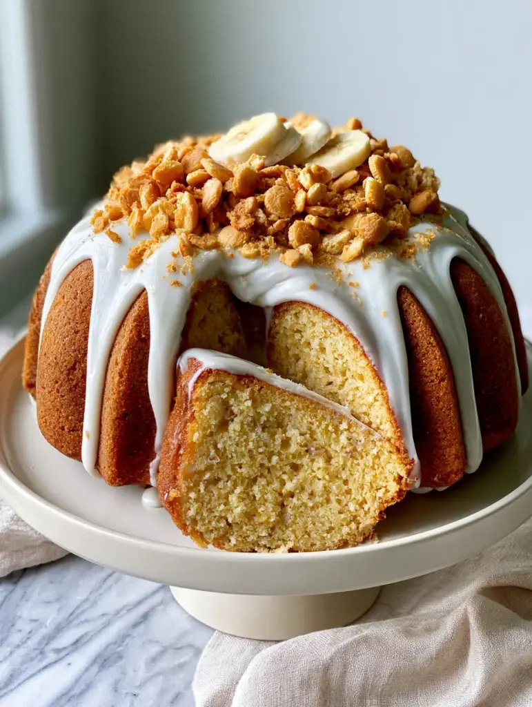 Close up of the glossy white cream cheese glaze dripping down a pound cake banana pudding.