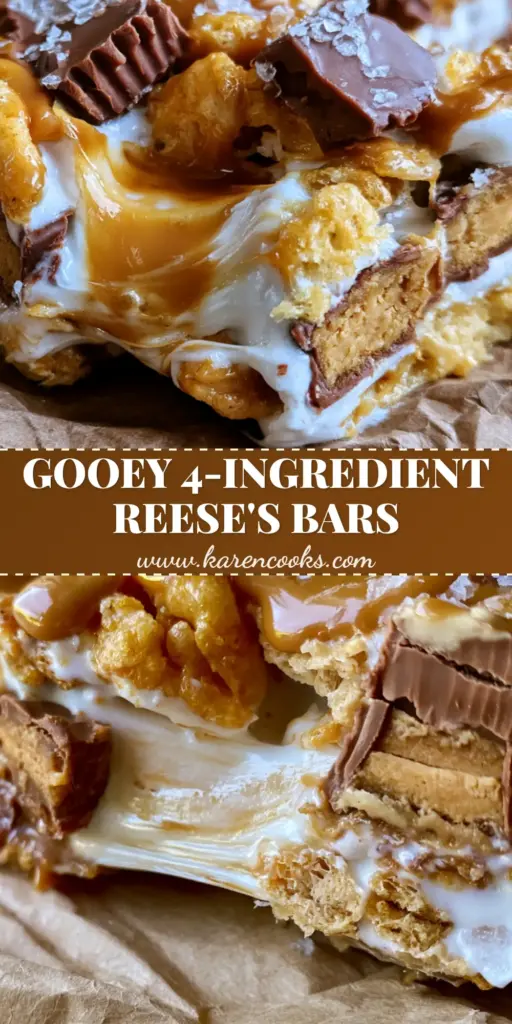 Reese's Peanut Butter Captain Crunch Bars (Gooey & Extra Crunchy) 3 A vertical shot of Reese's Peanut Butter Captain Crunch Bars showing a gooey marshmallow stretch pull and chunky chocolate peanut butter cup fragments.