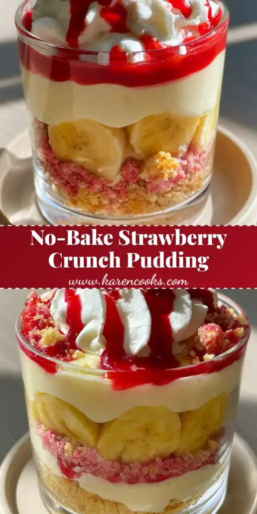 Strawberry Crunch Banana Pudding Recipe (The Ultimate Layered Dessert) 4 A gourmet strawberry crunch banana pudding in a clear glass cup showing distinct layers of pink crumble, yellow pudding, and sliced bananas.