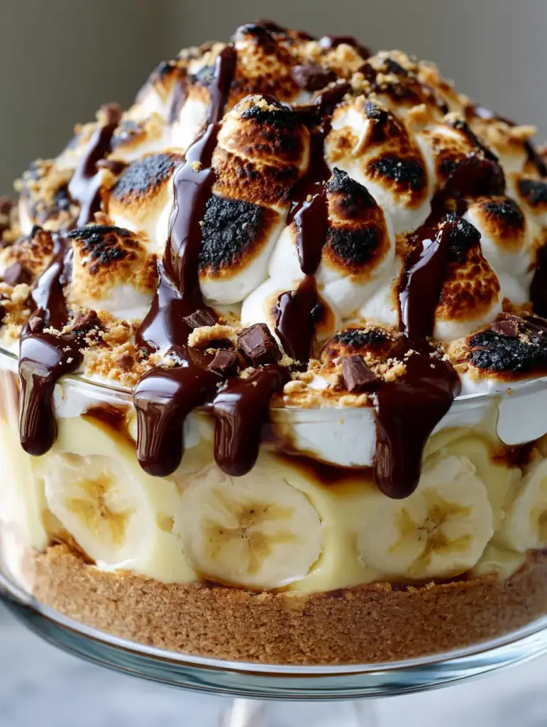 S’mores Banana Pudding with Toasted Marshmallows and Dark Chocolate 2 Vertical close-up of S'mores Banana Pudding showing layers of banana slices and silky pudding. (S'mores Banana Pudding)