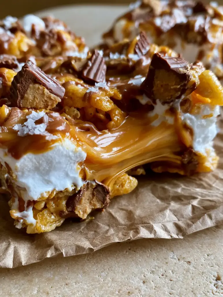 Reese's Peanut Butter Captain Crunch Bars (Gooey & Extra Crunchy) 2 Extreme close-up of Reese's Peanut Butter Captain Crunch Bars with glossy peanut butter drizzle and sea salt flakes.