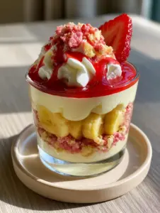 Handheld smartphone photo of strawberry crunch banana pudding with glossy red glaze and whipped cream topping.