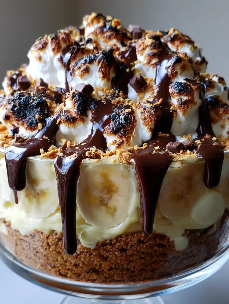S’mores Banana Pudding with Toasted Marshmallows and Dark Chocolate 1 Top view of toasted marshmallows with charred edges and dark chocolate drizzle on S'mores Banana Pudding.