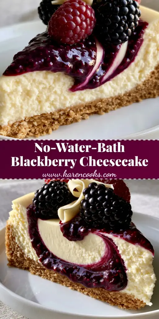 A close-up shot of a slice of Blackberry Cheesecake with a deep-purple swirl and white chocolate curls on a white plate.