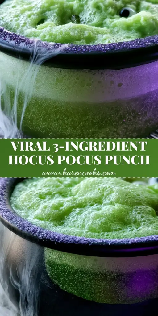 Halloween Party Punch: The Ultimate Spooky Lime Cauldron Recipe 3 A close-up vertical shot of a neon green Halloween party punch in a black cauldron with purple sugar rim and dry ice mist.