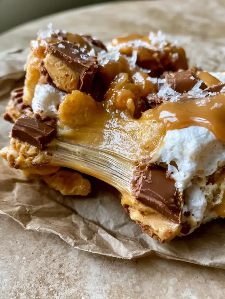 Reese's Peanut Butter Captain Crunch Bars (Gooey & Extra Crunchy) 1 A gooey marshmallow pull between two Reese's Peanut Butter Captain Crunch Bars on rustic parchment paper.