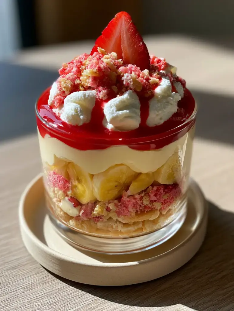 Strawberry Crunch Banana Pudding Recipe (The Ultimate Layered Dessert) 1 Close up of the pink strawberry shortcake crumble and fresh banana slices in a clear dessert cup.