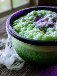 Vibrant neon green Halloween party punch inside a matte black ceramic bowl with bubbling sherbet foam.