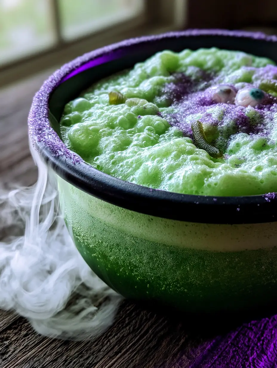 Halloween Party Punch: The Ultimate Spooky Lime Cauldron Recipe 4 Vibrant neon green Halloween party punch inside a matte black ceramic bowl with bubbling sherbet foam.