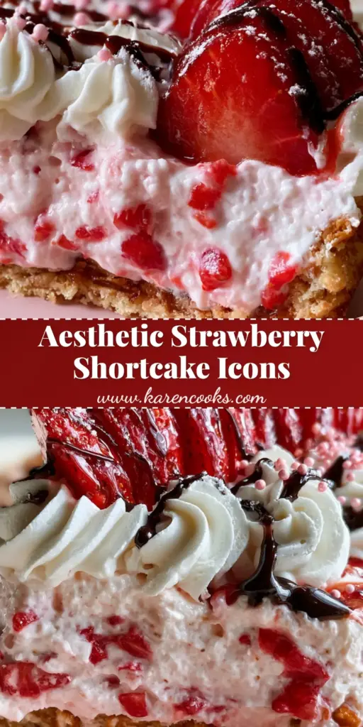 Strawberry Shortcake Icons: The Ultimate Gourmet Pretzel Crust Dessert 4 A vertical photo of strawberry shortcake icons showing layers of pretzel crust, pink yogurt, and whipped cream swirls.