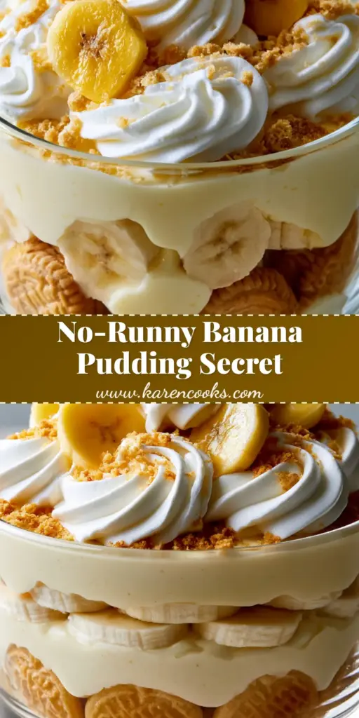 A tall glass trifle bowl filled with layers of Not Yo Mama’s Banana Pudding, showing golden Chessmen cookies and sliced bananas.