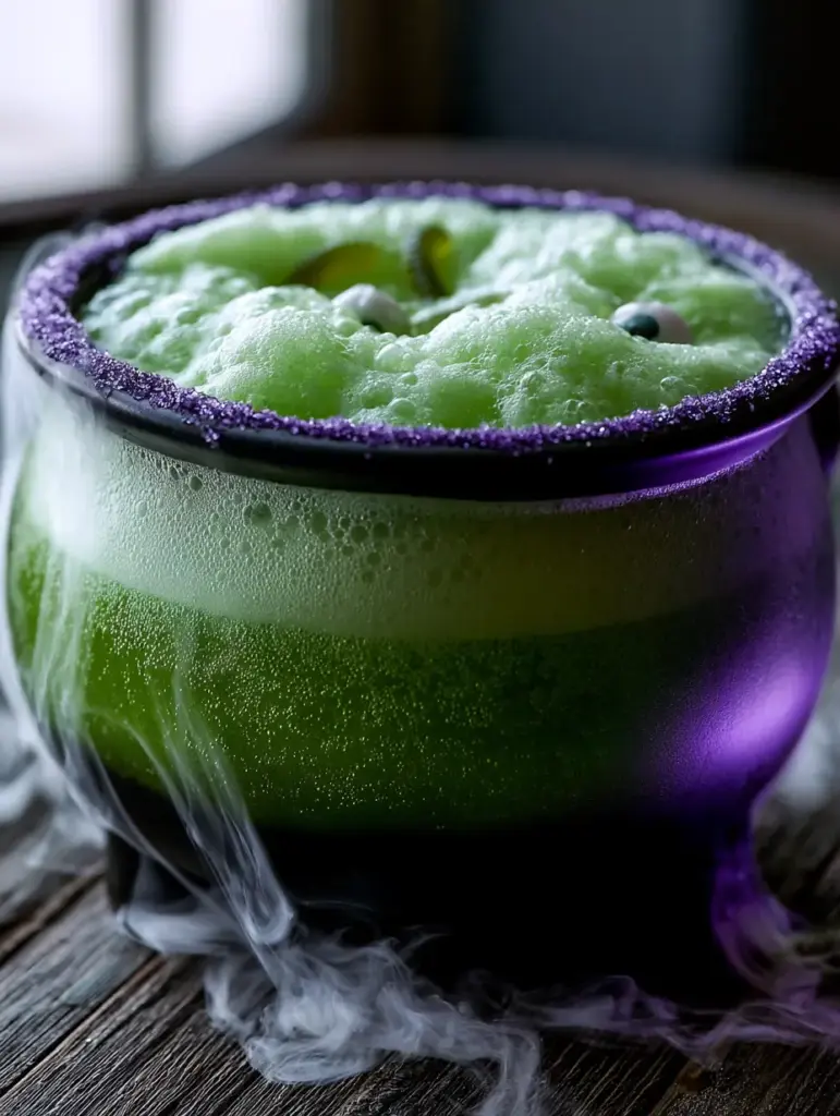 Halloween Party Punch: The Ultimate Spooky Lime Cauldron Recipe 1 Halloween party punch featuring gummy worms and candy eyeballs submerged in thick green foam with white vapor mist.