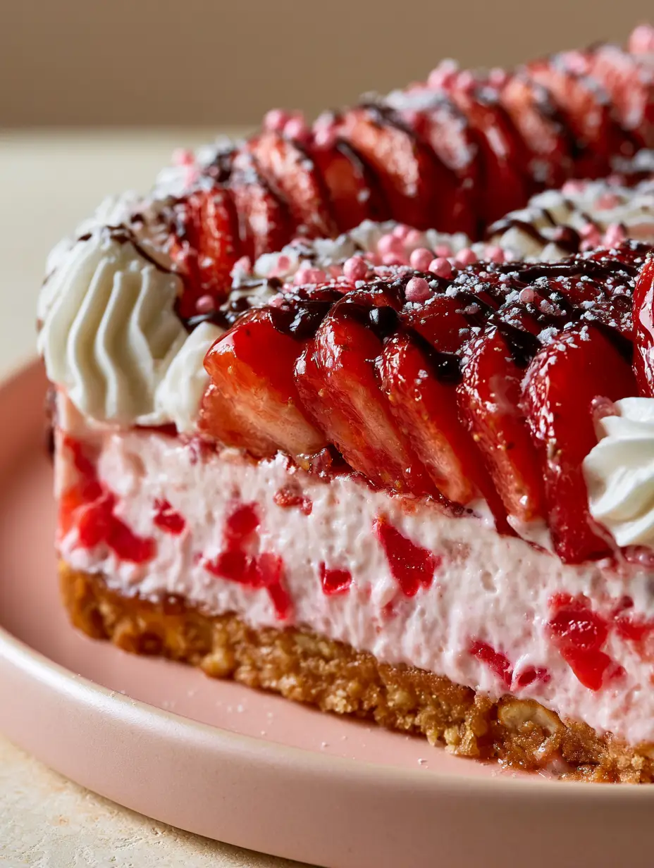 Strawberry Shortcake Icons: The Ultimate Gourmet Pretzel Crust Dessert 3 Macro cross-section of strawberry shortcake icons showing the textured pretzel crust and velvety yogurt layer.