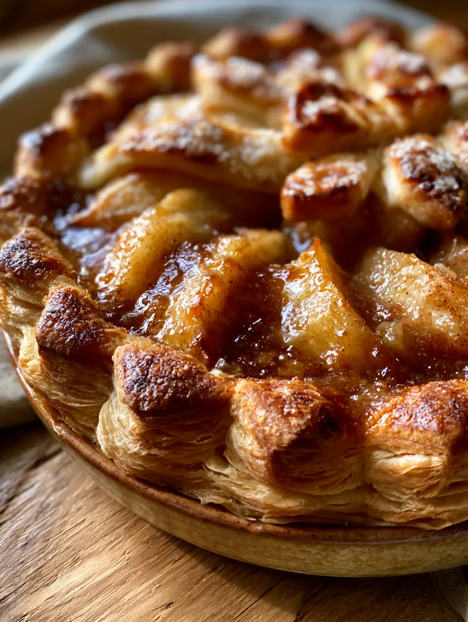 High-angle view of a rustic apple pie in a ceramic dish with bubbling amber cinnamon syrup, a staple of autumn pie recipes.