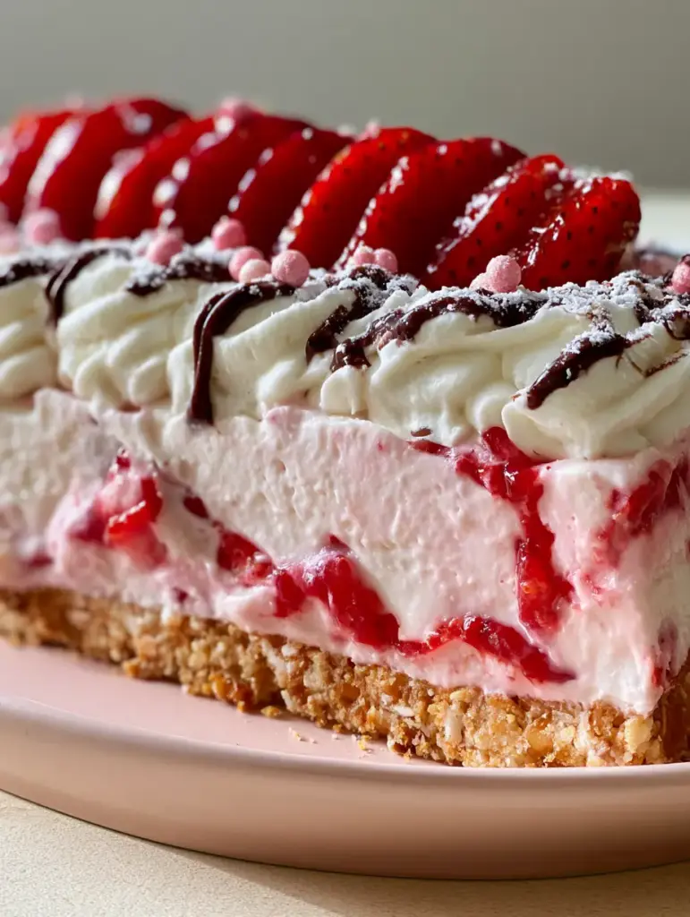 Strawberry Shortcake Icons: The Ultimate Gourmet Pretzel Crust Dessert 1 Close up of glazed strawberries and whipped cream swirls with dark chocolate drizzle on strawberry shortcake icons.