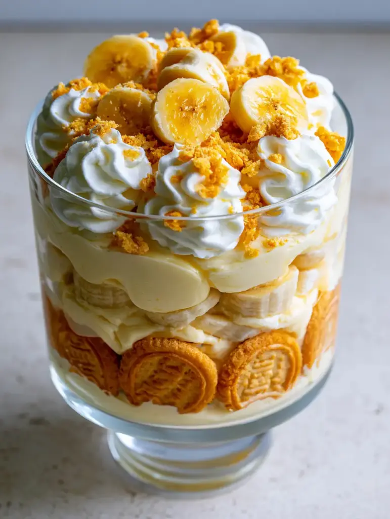 Side view of the banana pudding layers including bananas and butter cookies in a modern glass bowl.