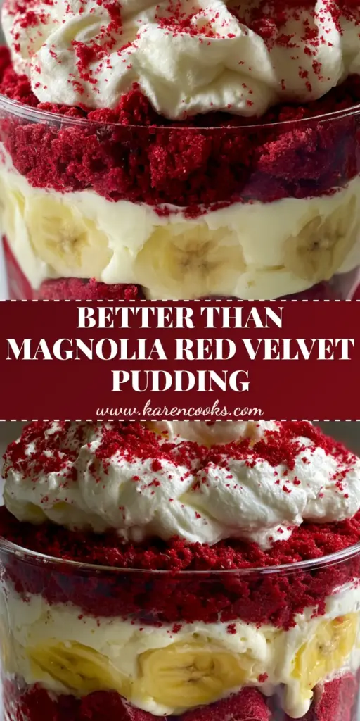 Red Velvet Banana Pudding: The Ultimate Southern Fusion Dessert 4 A close-up of a Red Velvet Banana Pudding trifle with distinct layers of crimson cake, ivory cream, and yellow bananas.