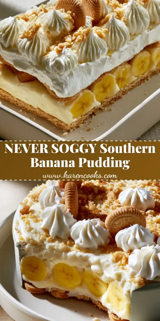 A vertical social media graphic for No Bake Banana Pudding featuring piped whipped cream, fresh yellow bananas, and vanilla wafers in a matte ceramic dish.