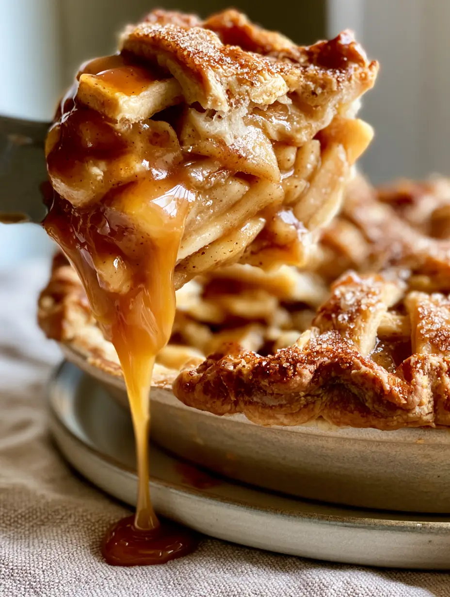 A close-up of a pie server lifting a slice of apple pie showing glistening sugar crystals and dripping caramel. (Classic pie recipes)