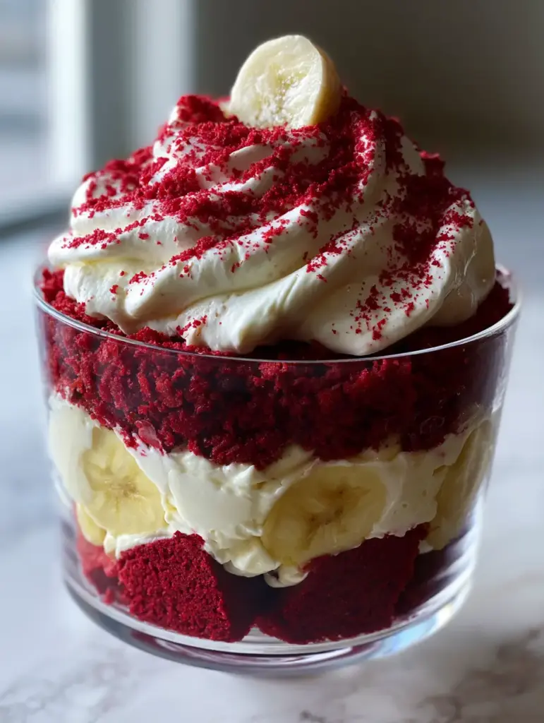 Red Velvet Banana Pudding: The Ultimate Southern Fusion Dessert 2 Close up shot of Red Velvet Banana Pudding layers showing moist red cake and thick cream.