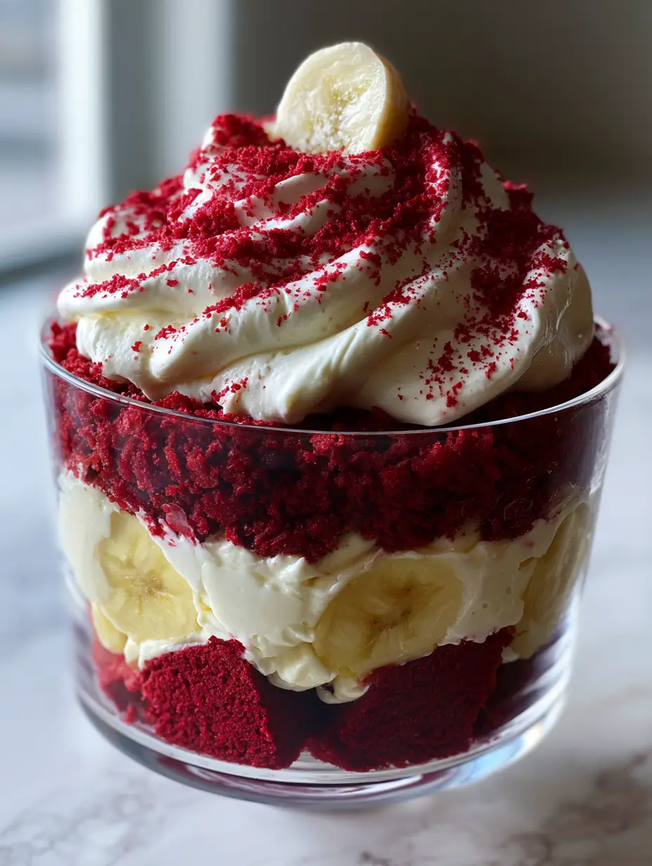 Red Velvet Banana Pudding: The Ultimate Southern Fusion Dessert 3 Close up shot of Red Velvet Banana Pudding layers showing moist red cake and thick cream.