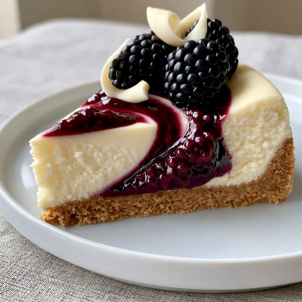 A perfect slice of Blackberry Cheesecake garnished with fresh berries and white chocolate curls on a linen surface.