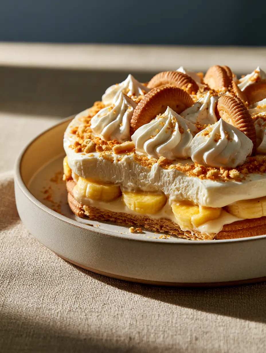 Elegant presentation of Southern No Bake Banana Pudding in a shallow matte ceramic dish with visible layers of custard and bananas.