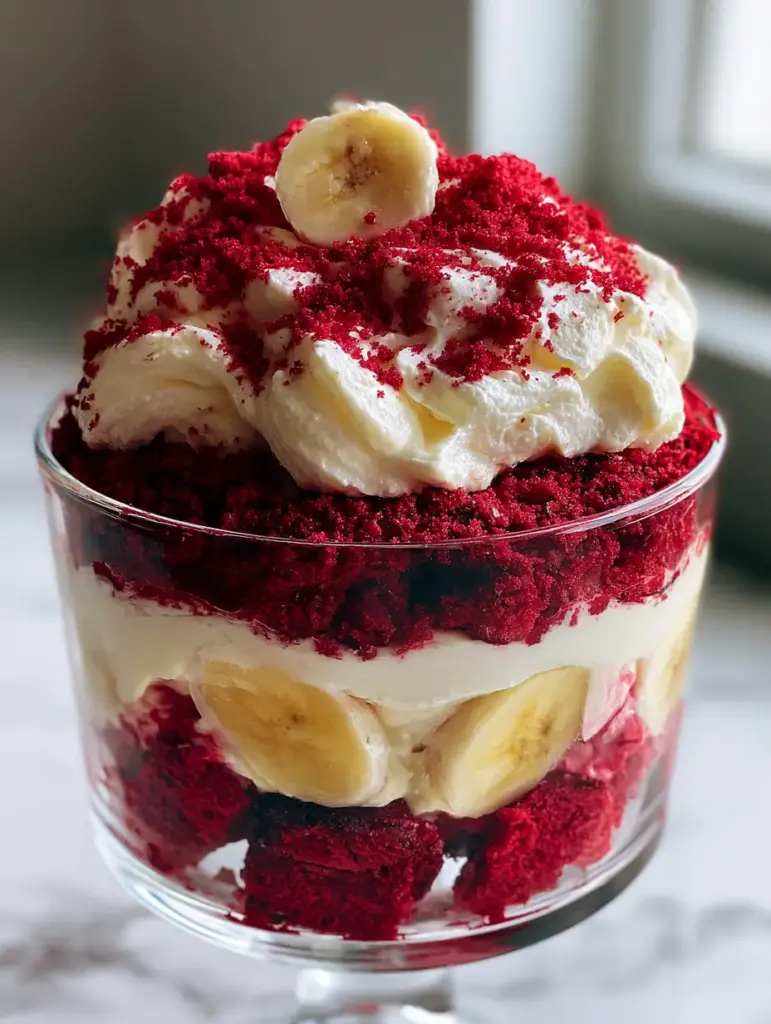Red Velvet Banana Pudding: The Ultimate Southern Fusion Dessert 1 Overhead view of a cloud-like whipped cream swirl on a Red Velvet Banana Pudding.